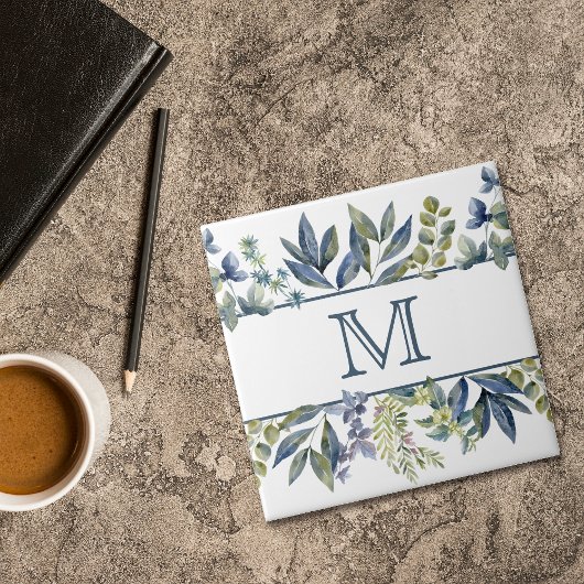 Carreau Feuilles de Bleu Indigo Bordure Monogramme