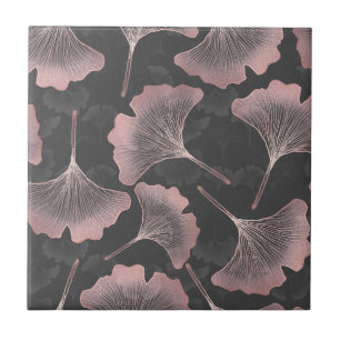 Carreau Feuilles de Ginkgo Roses Élégantes sur Fond Noir