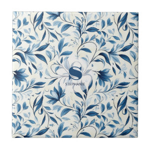 Carreau Feuilles de Paisley Bleu Élégant - Fond Blanc