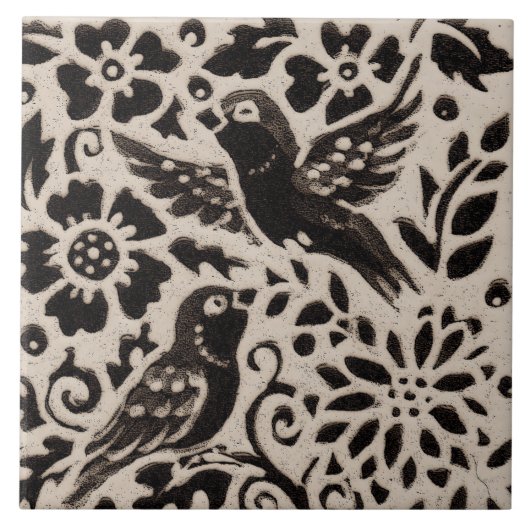Carreau Feuilles d'oiseaux Batik Stoneware Bois Animal Tan (Devant)