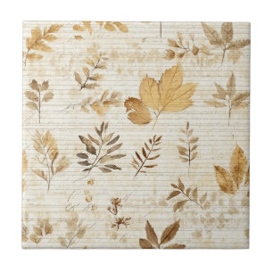 Carreau Feuilles Jaune Brun Terreux sur Fond Rustique d'Au
