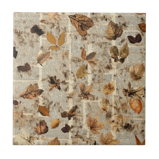 Carreau Feuilles rustiques d'automne sur un journal vintag (Devant)