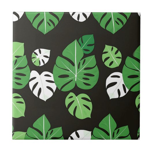 Carreau Feuilles tropicales de Monstera Fond noir (Devant)