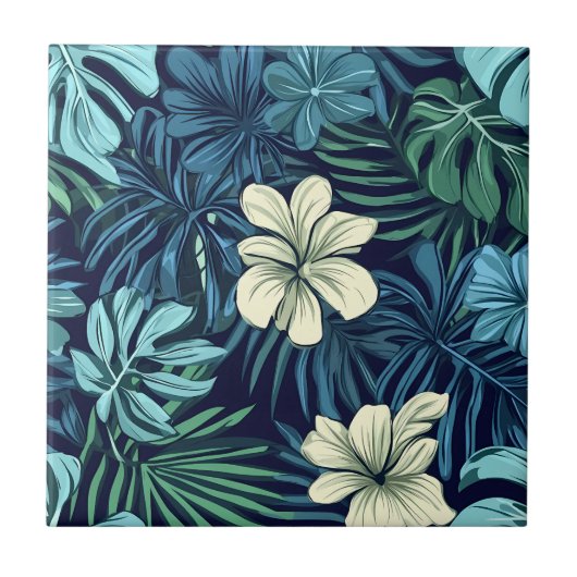 Carreau Feuilles tropicaux et fleurs bleu vert (Devant)