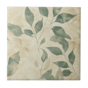 Carreau Feuilles Vertes Rustiques Vintage sur Fond Crème d