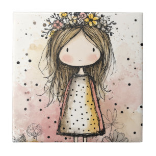 Carreau Fille à la couronne de fleurs fantaisiste en rose