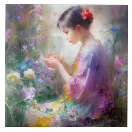 Carreau Fille admirant une fleur dans ses mains (Devant)