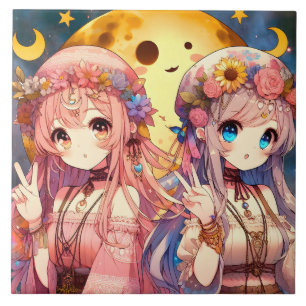 Carreau Fille Anime Hippie Lune Filles Faisant Signe de Pa