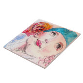 Carreau Fille avec Béret Rose Rouge Aquarelle Carte magnét (Côté)