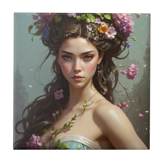 Carreau Fille avec des fleurs dans ses cheveux (Devant)