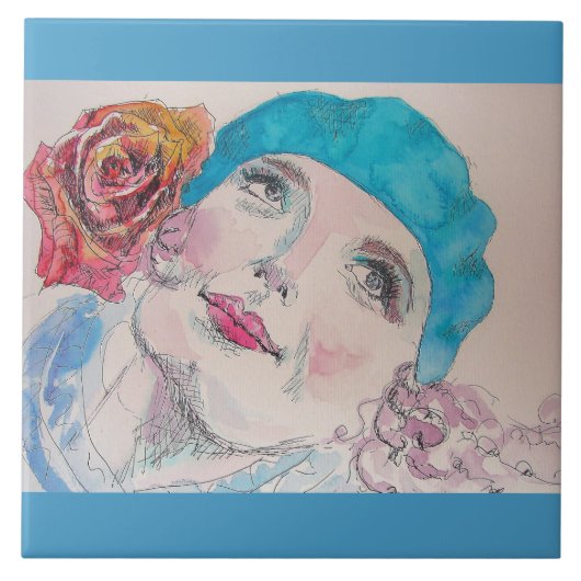 Carreau Fille avec Rose rouge Beret Aquarelle (Devant)
