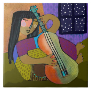 Carreau Fille avec tuile en céramique guitare/Trivet (carr