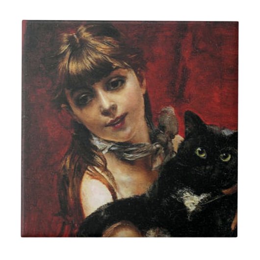 Carreau Fille avec un chat noir dans ses bras (Devant)