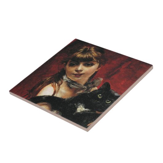 Carreau Fille avec un chat noir dans ses bras (Côté)