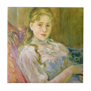 Carreau Fille avec un chat pour animaux de compagnie gris