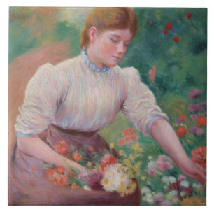 Carreau Fille cueillant des fleurs dans un jardin d'été
