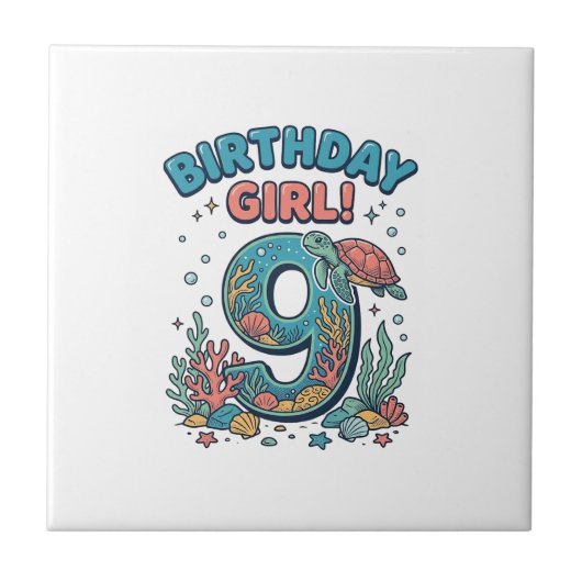 Carreau Fille d'anniversaire 9 Tortue de mer Vector Design (Devant)