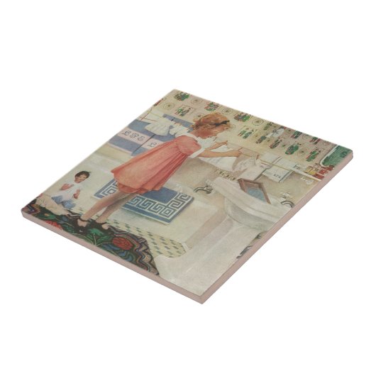 Carreau Fille d'autrefois, Enfant faisant la lessive et ét (Côté)