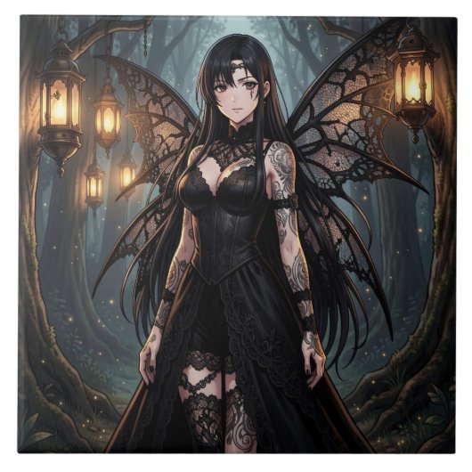 Carreau Fille de fée d'anime gothique dans une forêt encha (Devant)