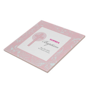 Carreau Fille en dentelle rose Baptême