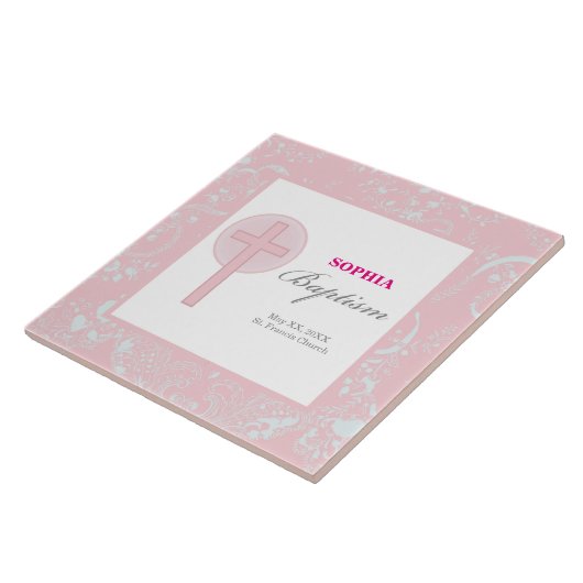 Carreau Fille en dentelle rose Baptême (Côté)