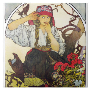 Carreau Fille et géranium, Mucha