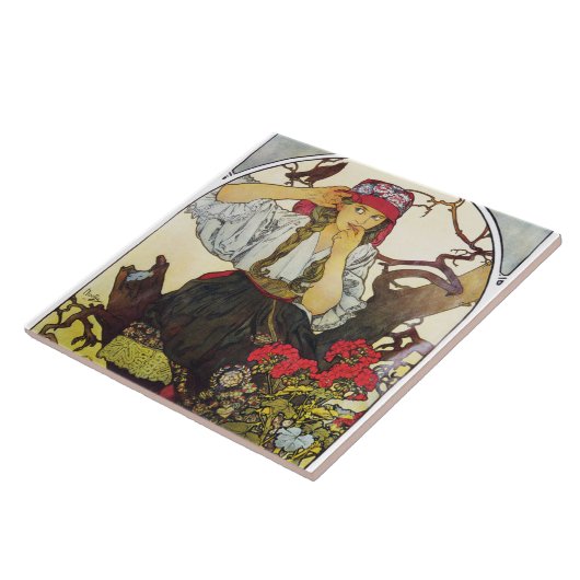 Carreau Fille et géranium, Mucha (Côté)