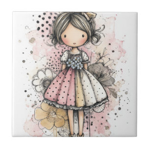 Carreau Fille Fantaisiste Aquarelle avec Accents Floraux (