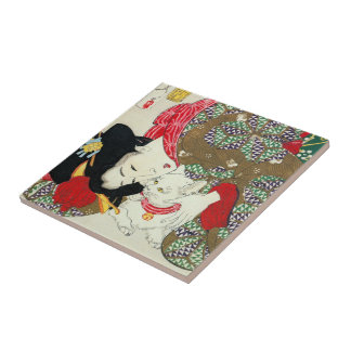 Carreau Fille japonaise avec le chat, Tsukioka Yoshitoshi