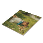 Carreau Fille Jouer avec des poules (poule et poulet) (Côté)