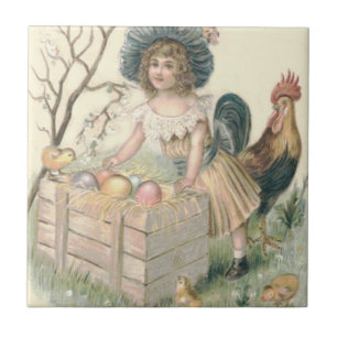 Carreau Fille Pâques Poussin Coq Oeuf Coloré