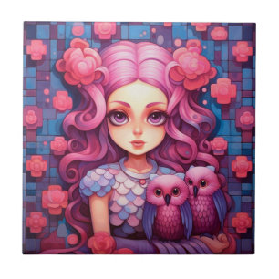 Carreau Fille rose avec deux hiboux