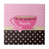 Carreau Fille Teacup rose et Brown Polka Dot Bow et nom (Devant)