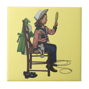 Carreau Fille Vintage Cowgirl Regardant Miroir Elle est si