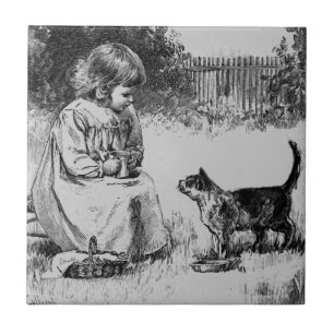 Carreau Fille vintage et chaton