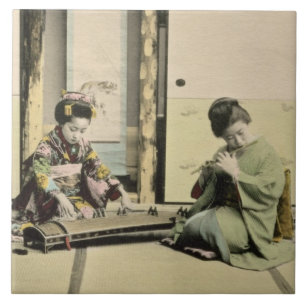 Carreau Filles japonaises jouant la cannelure, le "koto"