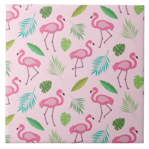 Carreau Flamant Rose avec Motif de Feuilles Tropicales 