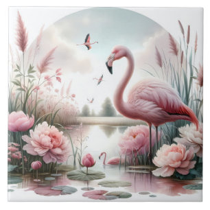 Carreau Flamant rose en Pastel Pond Floral Scene