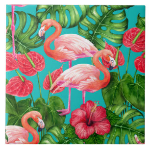 Carreau Flamant rose et aquarelle du jardin tropical