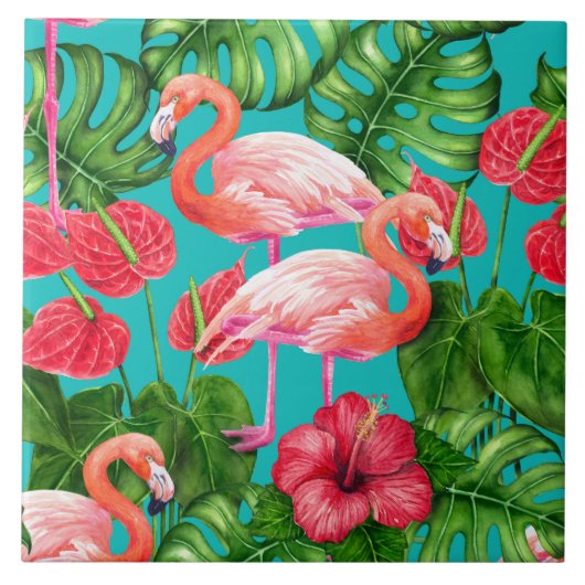 Carreau Flamant rose et aquarelle du jardin tropical (Devant)