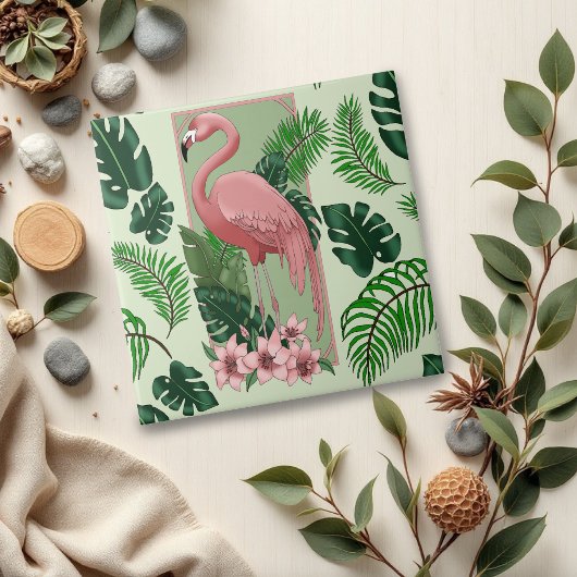 Carreau Flamant Rose Tropical Feuilles de Palmier Vert Lys