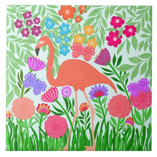Carreau Flamant rose tropical Papillon floral Jardin Art (Devant)