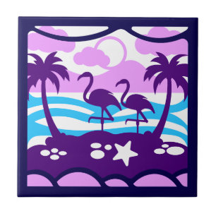 Carreau Flamants Tropicaux Palmiers Violets Nuages Roses