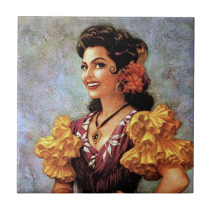 Carreau Flamenco Doré Belle Fille du Calendrier Mexicain
