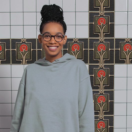 Carreau Fleur Abstraite noire et rouge du milieu du siècle