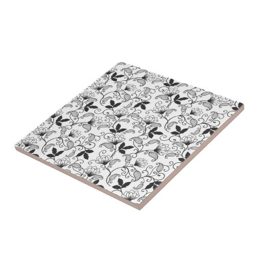 Carreau Fleur abstraite noire sur fond blanc (Côté)