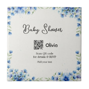 Carreau Fleur aquarelle bleue baby shower scan QR RSVP pa
