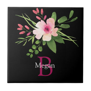 Carreau Fleur aquarelle, nom et monogramme sur fond noir