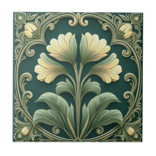 Carreau Fleur Art nouveau vert sauge vintage
