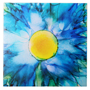 Carreau Fleur bleue dans les encres d'alcool